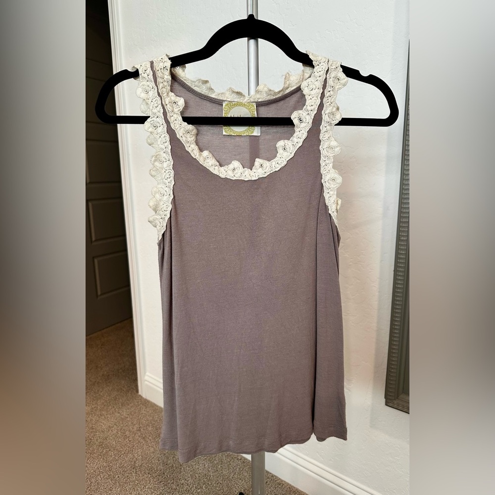 Alythea Lavender Tank Top with Cream Lace Trim